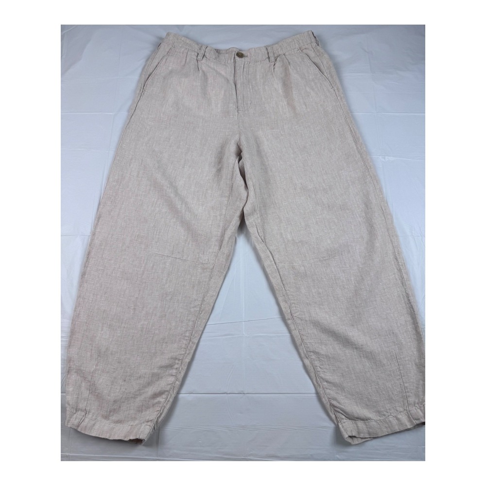 Lands End Womens 14 High Rise 100% Linen Pleated Wide Leg Pants Oatmeal Beige